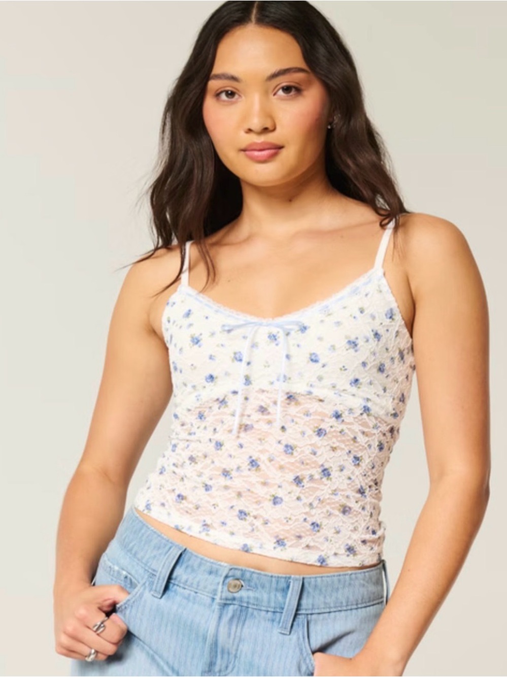 NWT Hollister White Cami with Blue Floral Lace